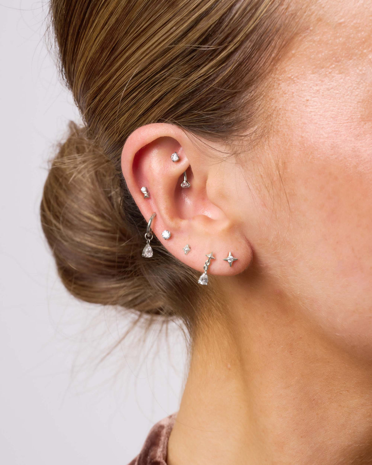 Star Teardrop Chain Barbell Studs In Silver