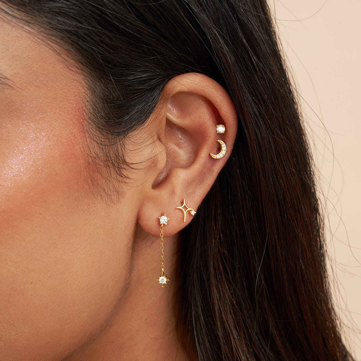 Crystal Star Chain Dangle Earrings in Gold