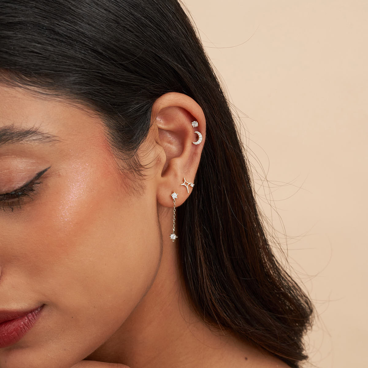 Crystal Star Chain Dangle Earrings in Silver