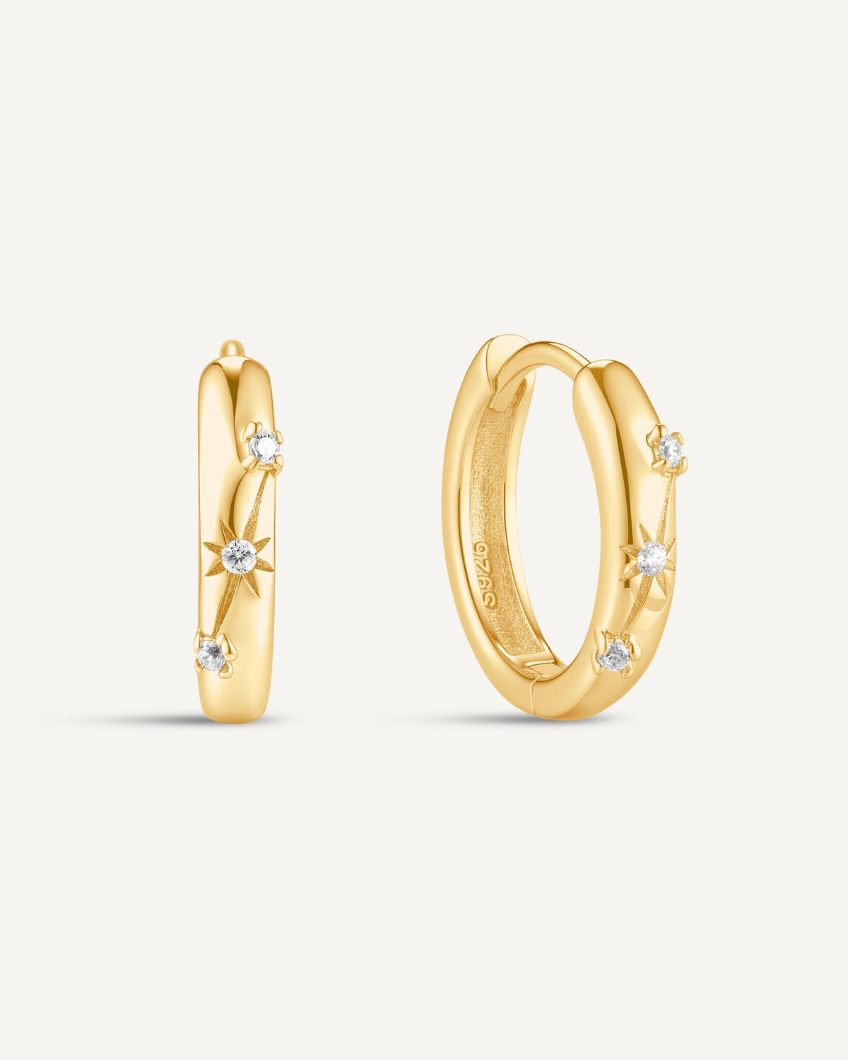 Engraved Star Crystal Huggie Hoops In Gold