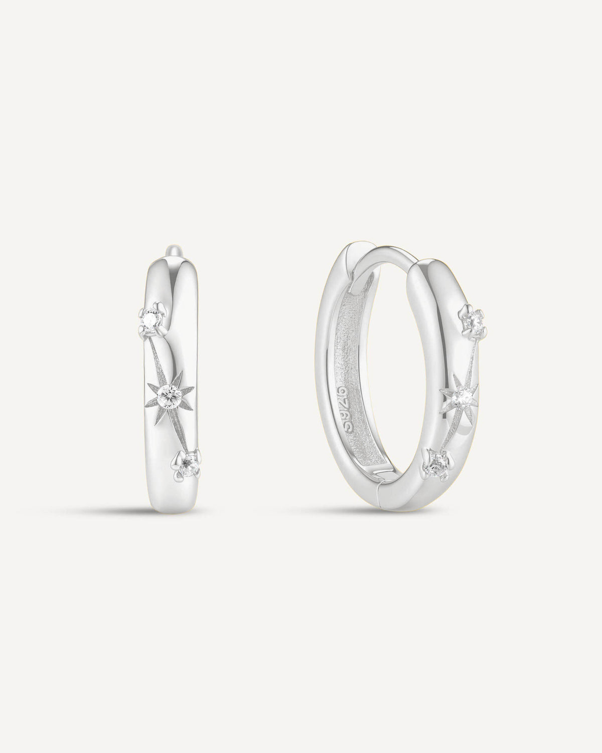 Engraved Star Crystal Huggie Hoops In Silver