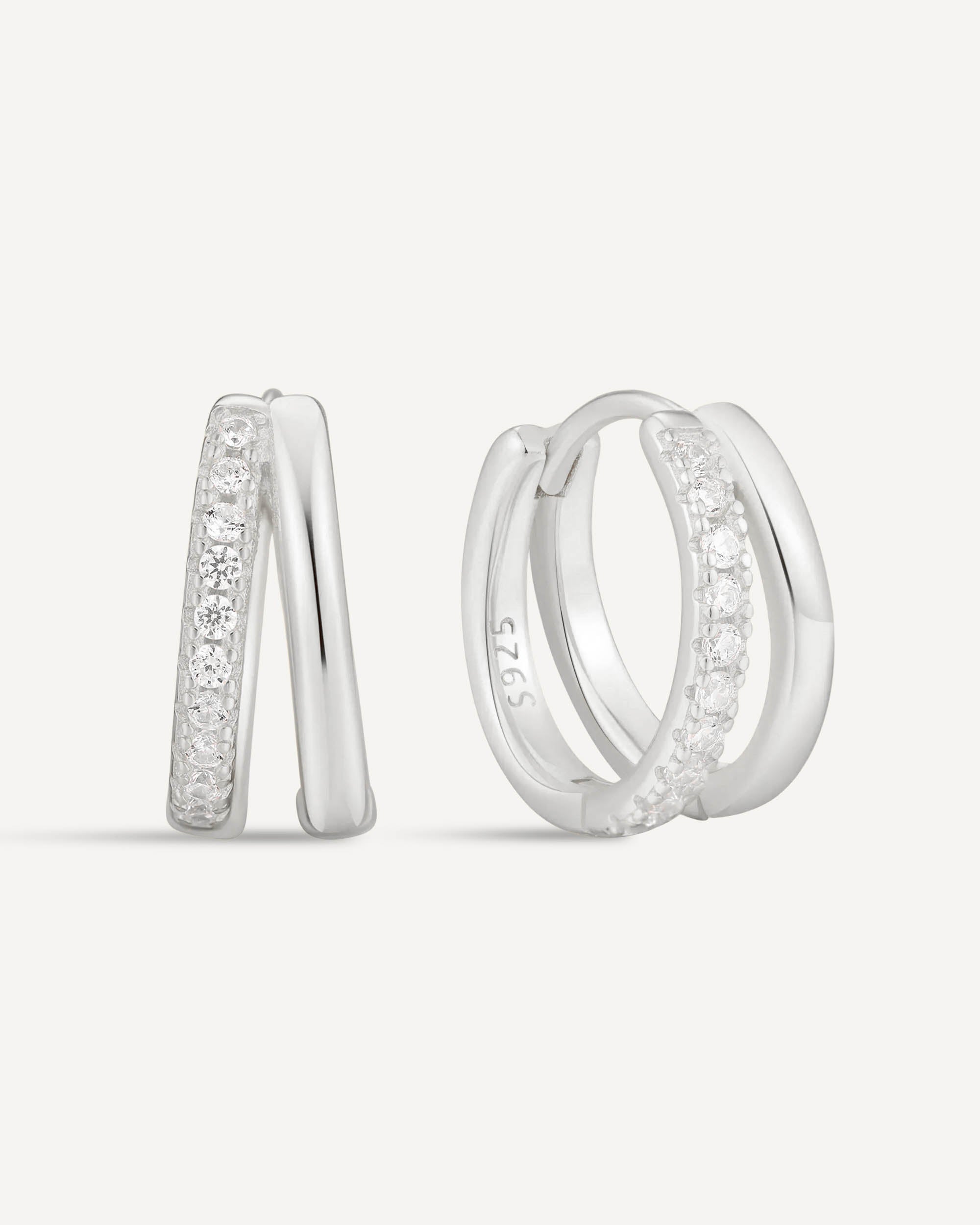 Crystal Double Hoop Huggies In Silver