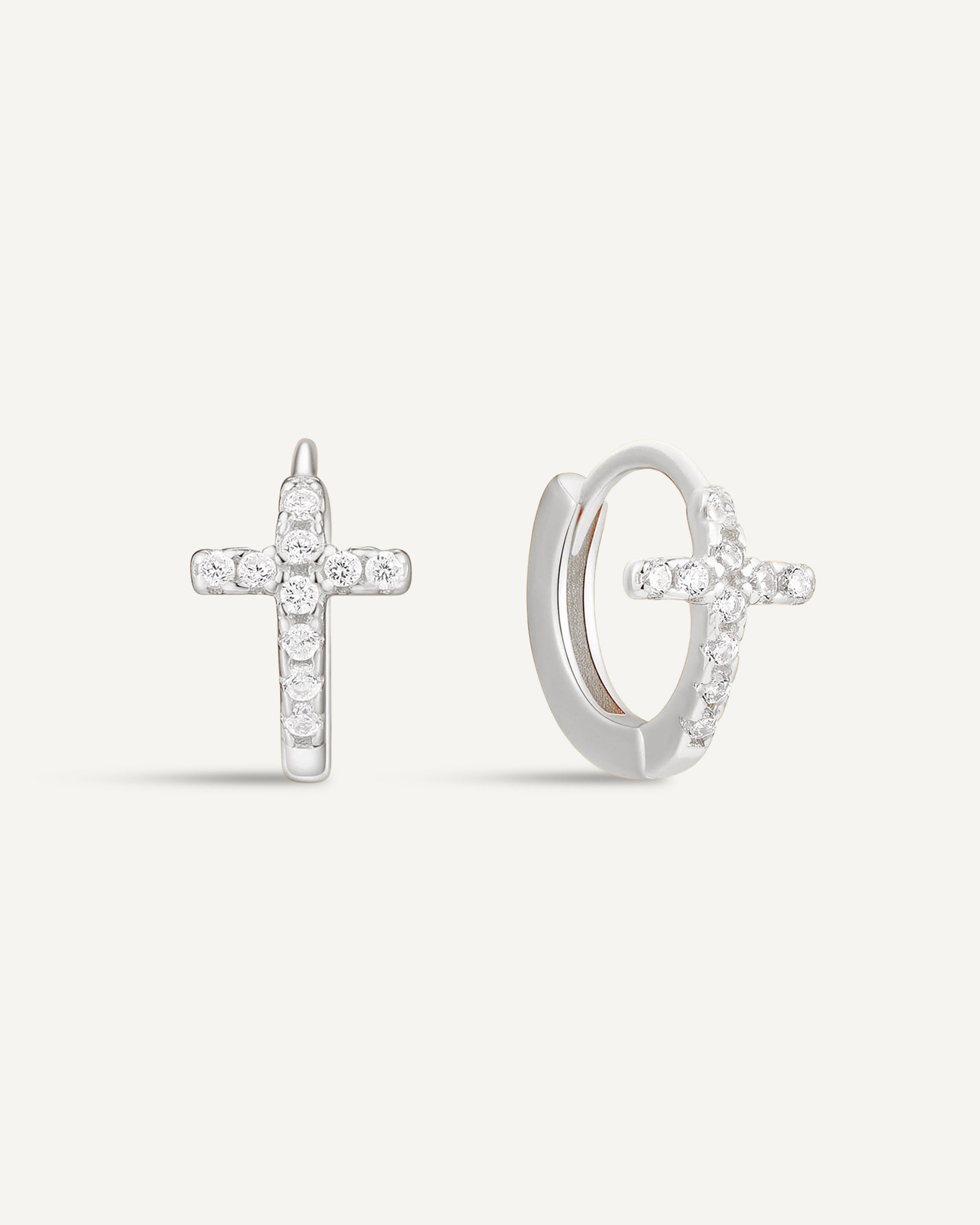 Crystal Paved Cross Huggie Hoops In Silver