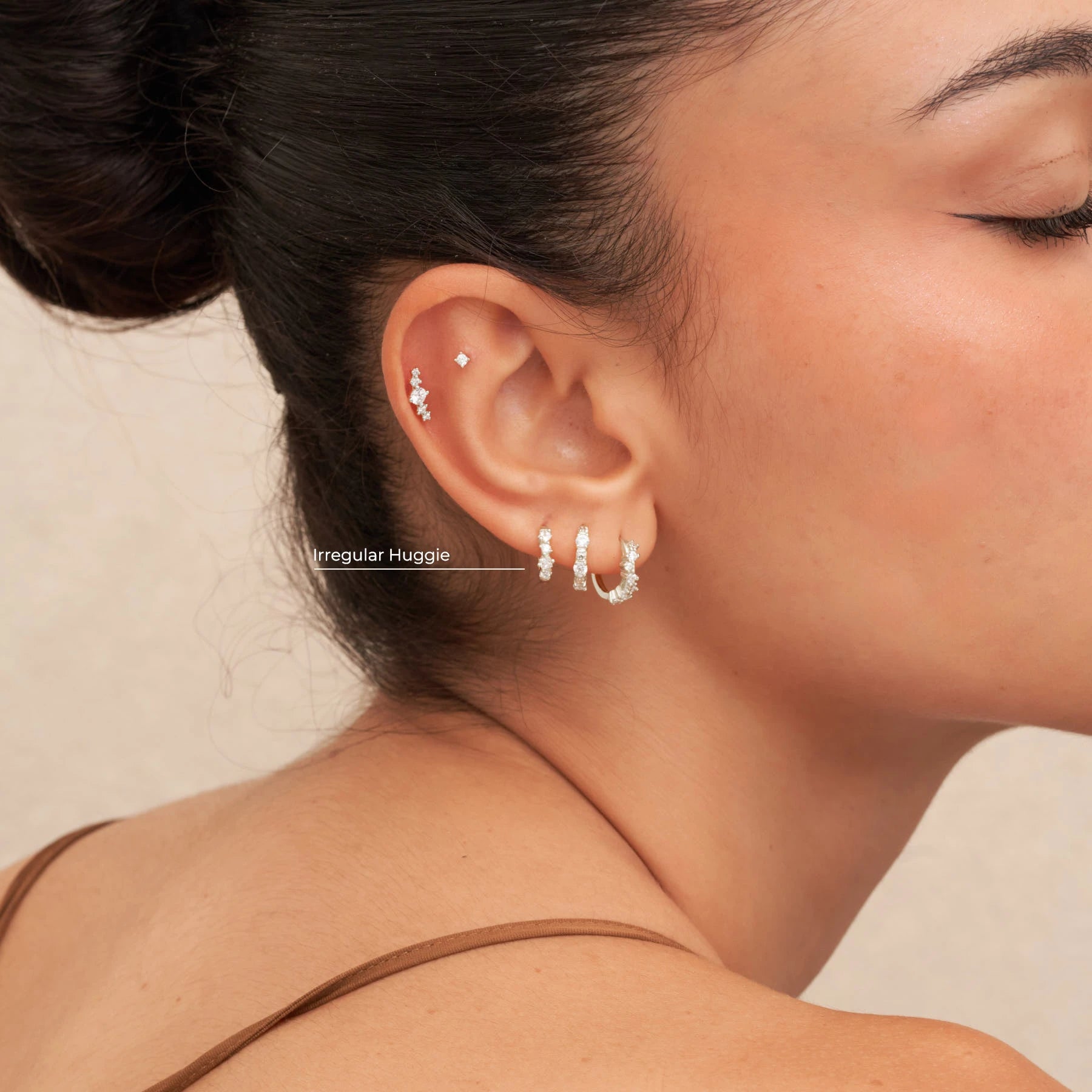 Irregular Crystal Huggie Hoops in Silver