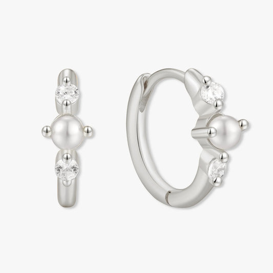 Pearl Crystal Huggie Hoops in Silver
