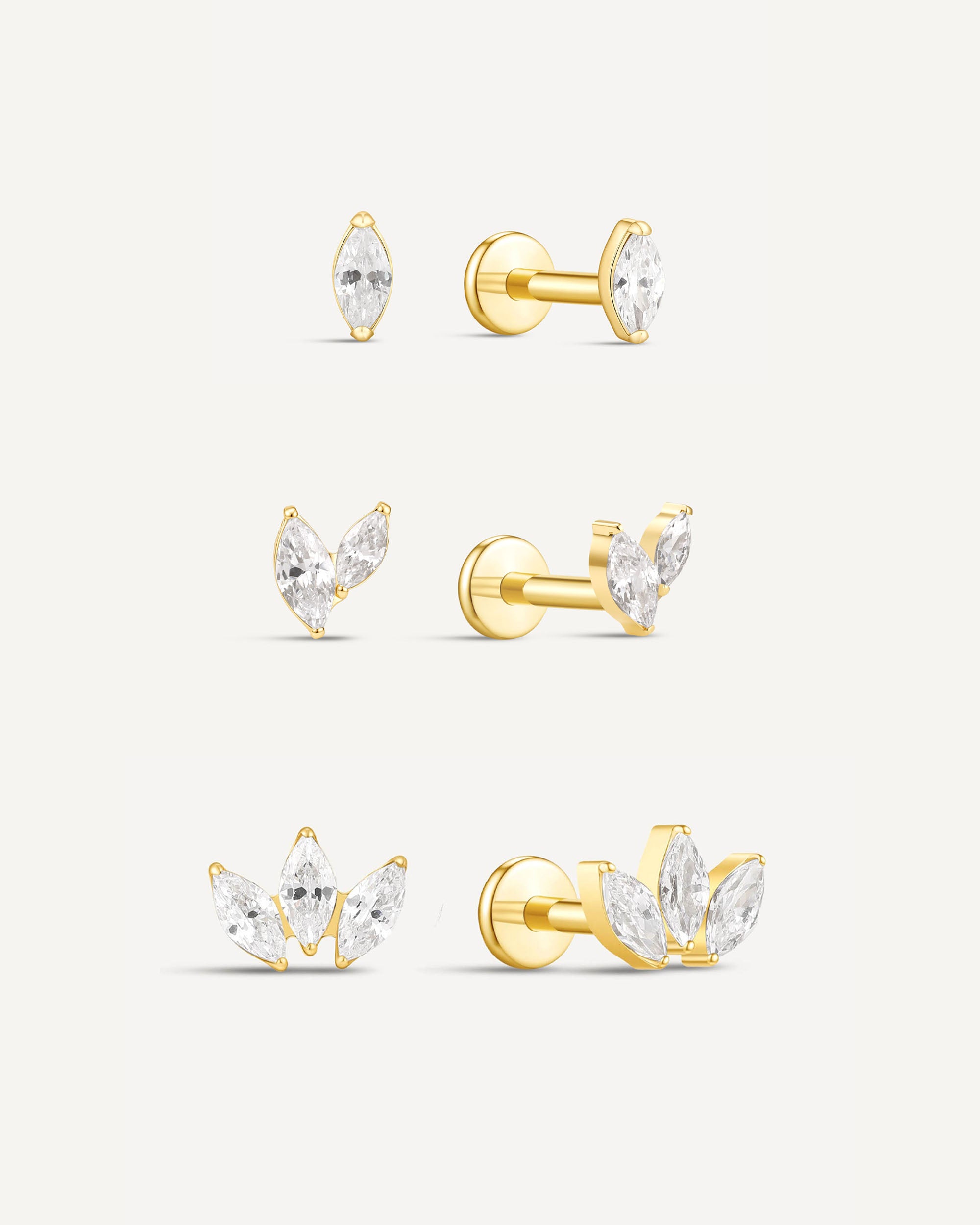Titanium Marquise Crystal Flat Back Studs Set In Gold