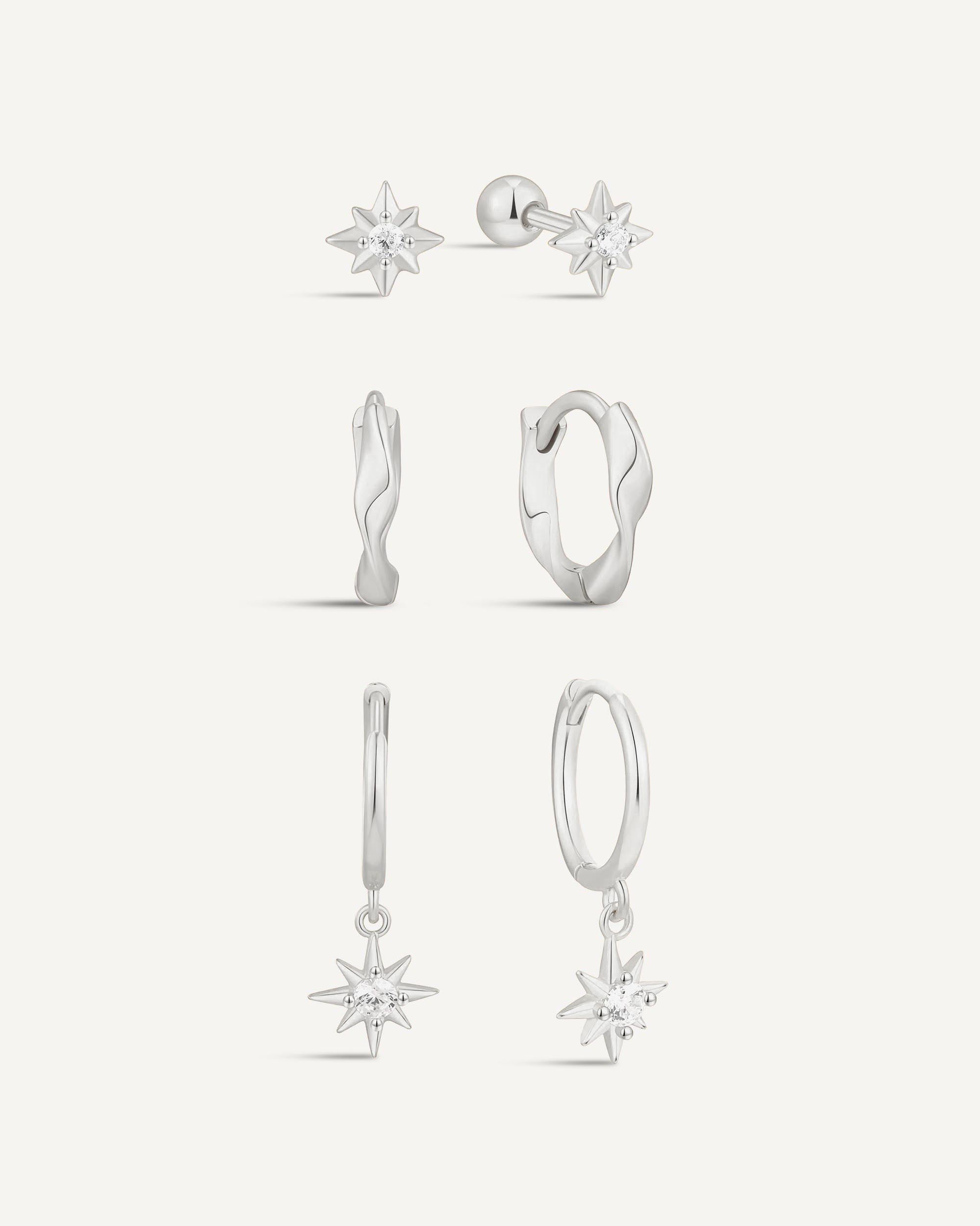 Starburst Dangle Hoops Set in Silver