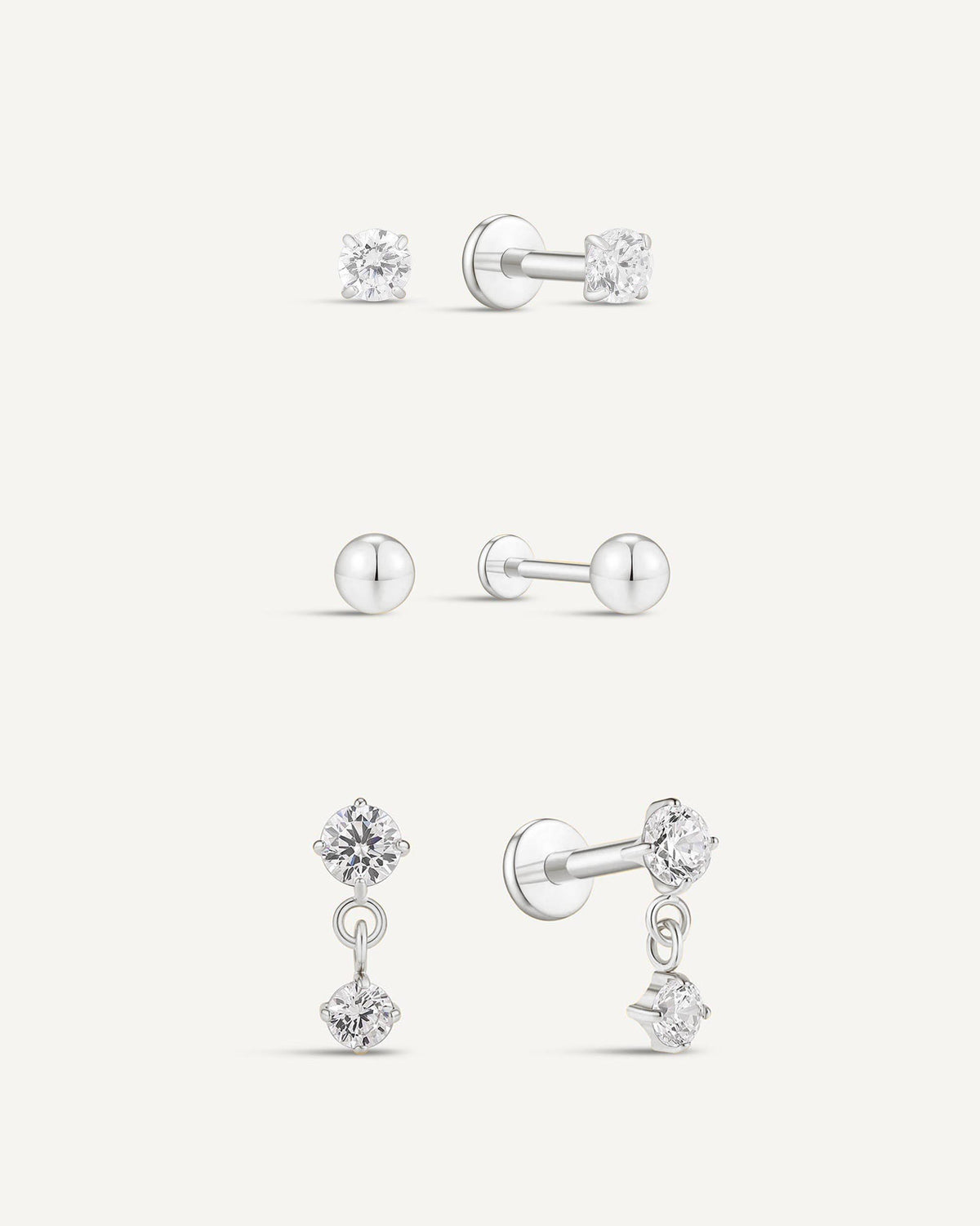 Titanium CZ Stud & Drop Earring Set In Silver