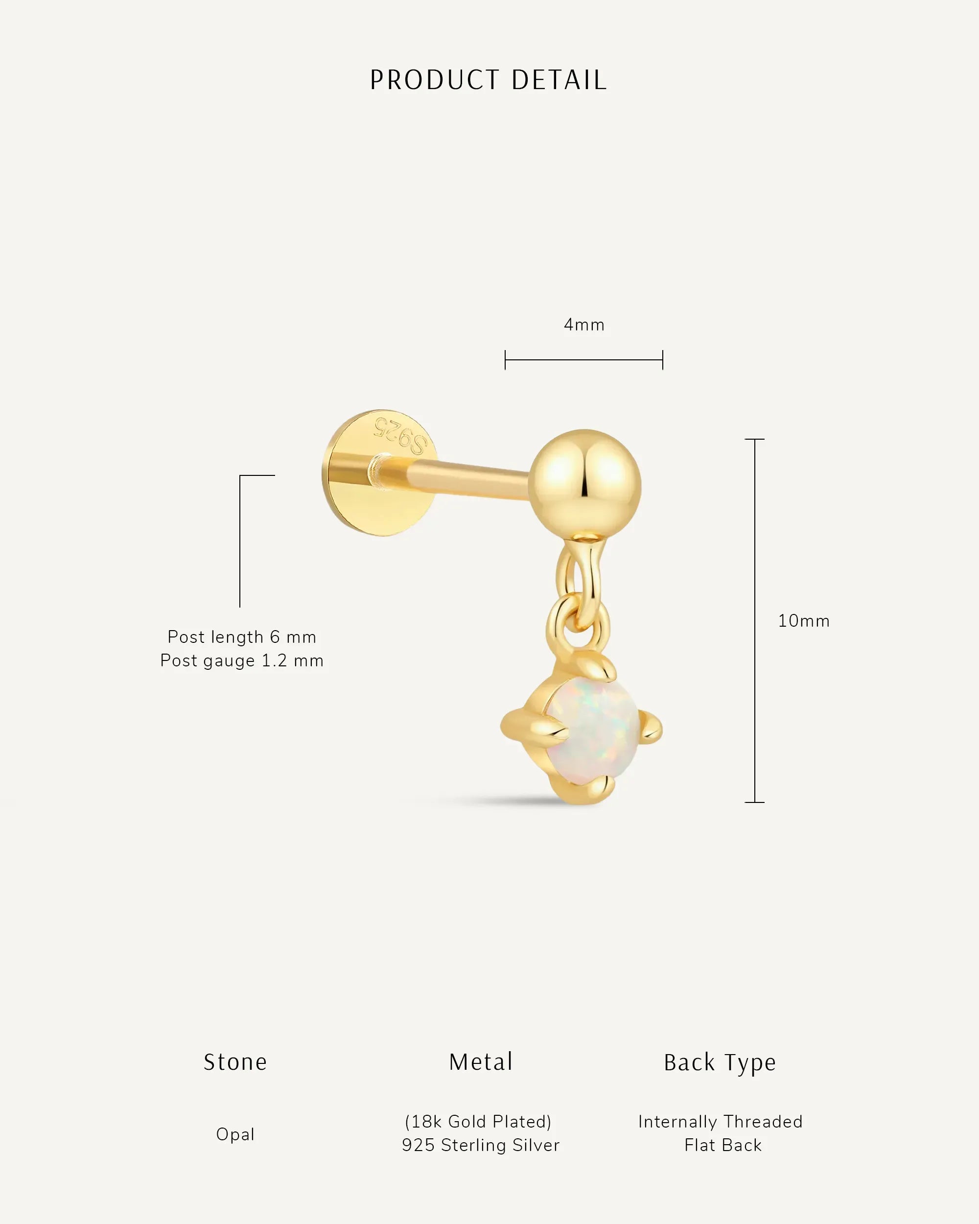 Opal Drop Flat Back Stud In Silver
