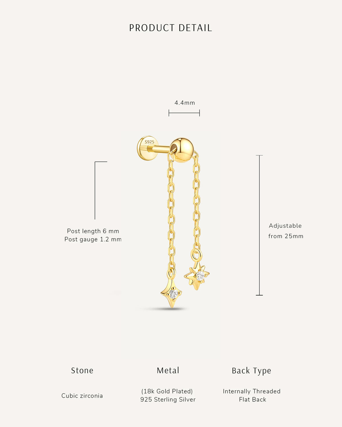 Adjustable Celestial Chain Flat Back Stud In Gold