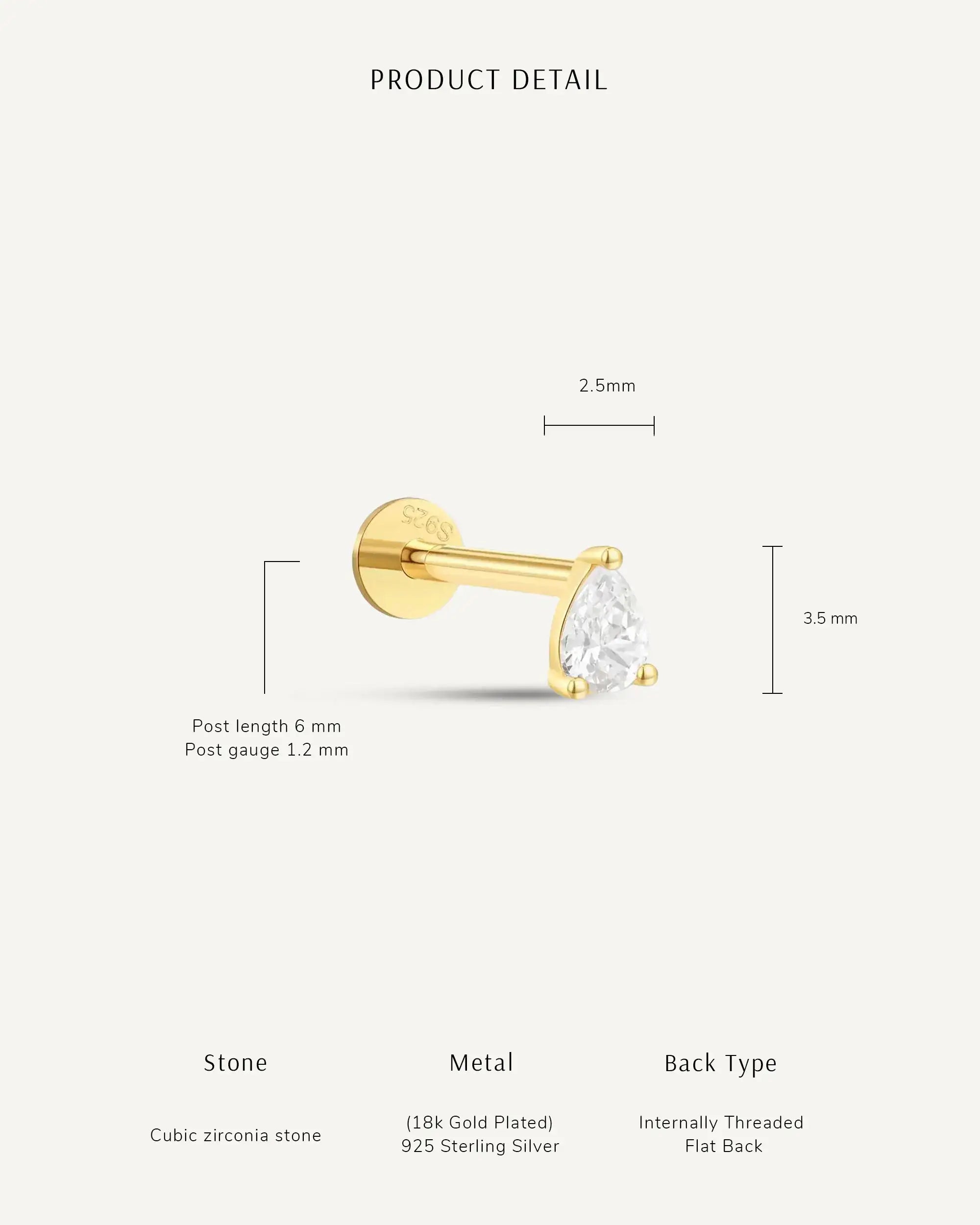 CZ Teardrop Flat Back Studs In Silver