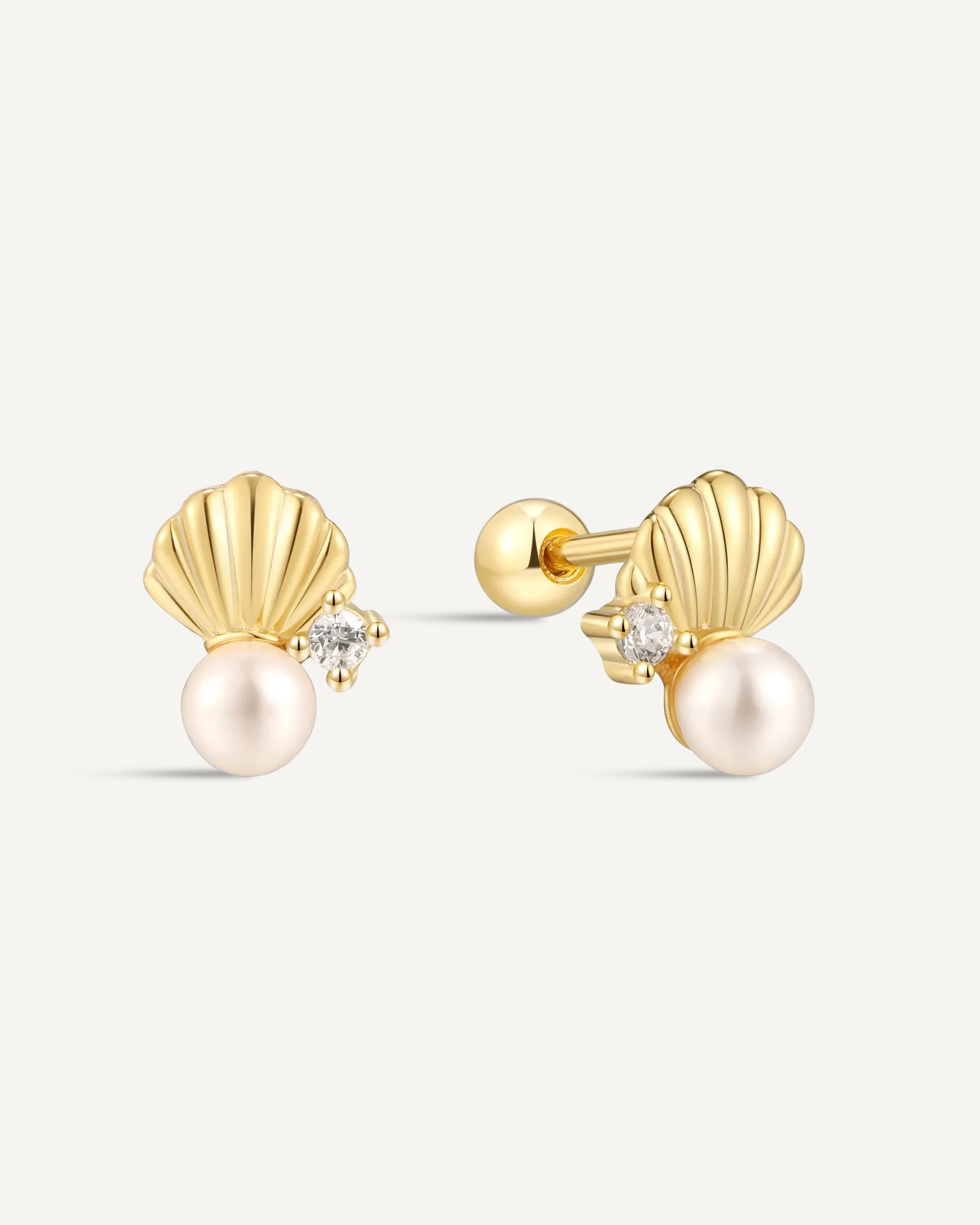 Tiny Shell & Pearl Barbell Studs In Gold