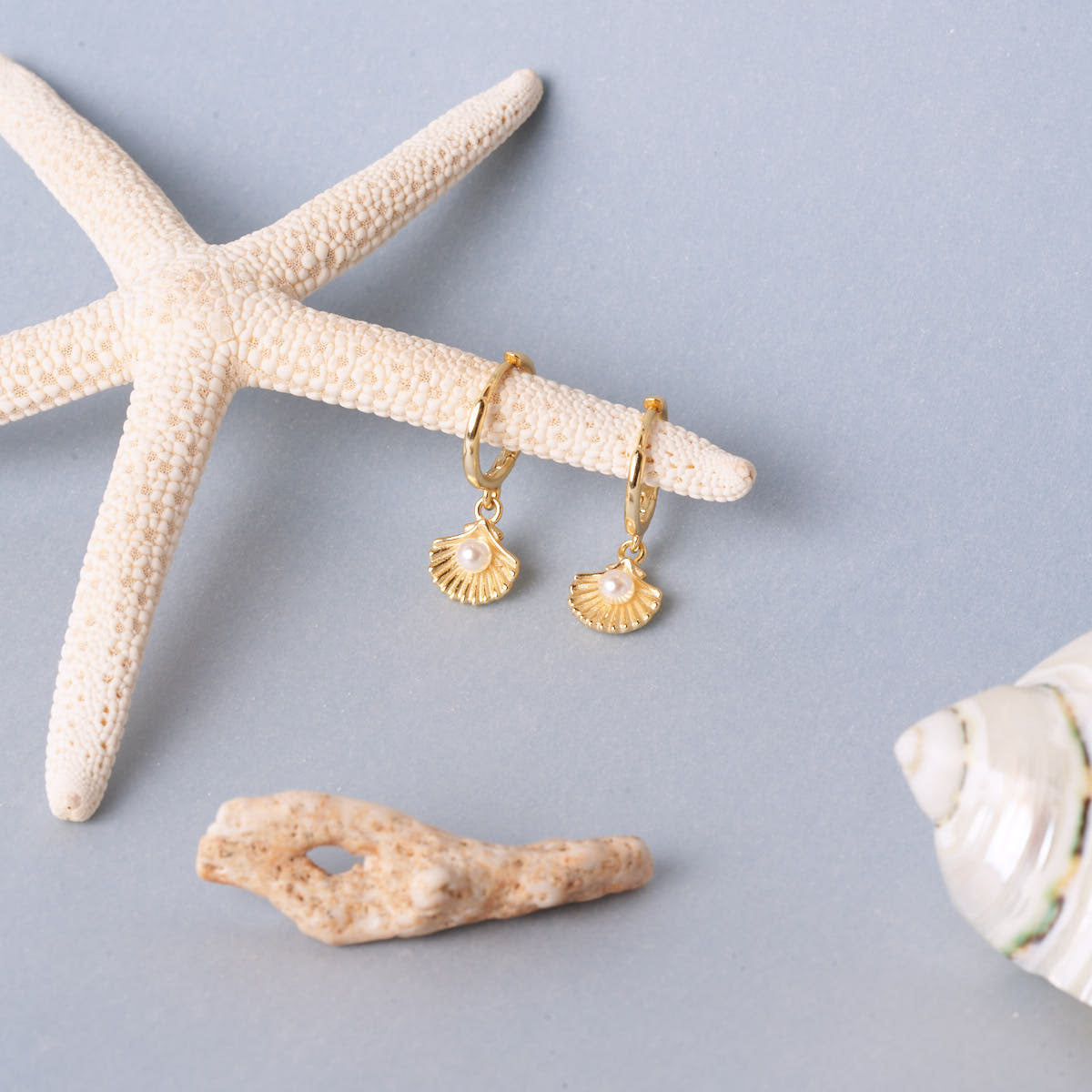 Shell Pearl Dangle Hoops in Gold | LÉA Jewels