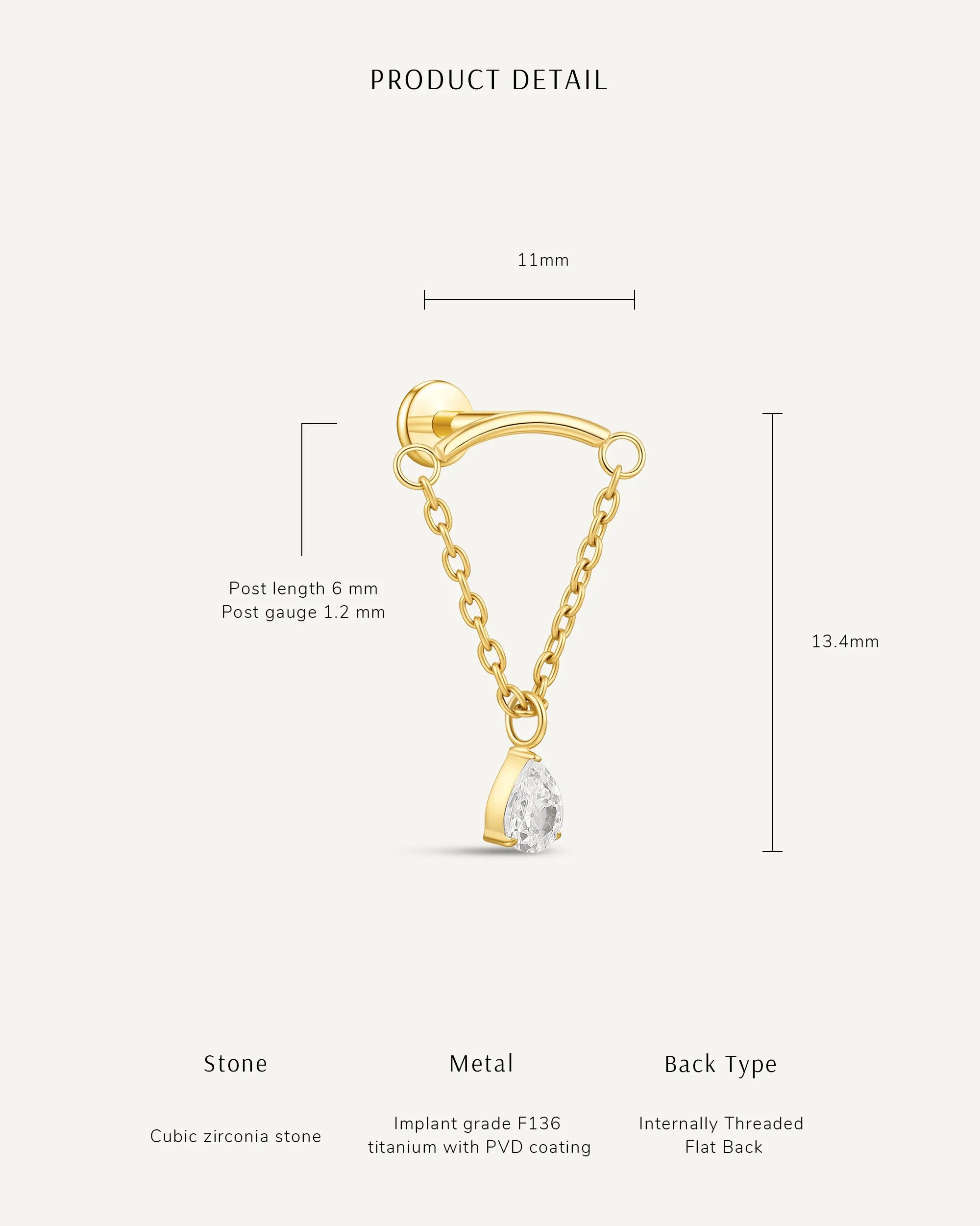 Titanium Teardrop Chain Flat Back Stud in Silver