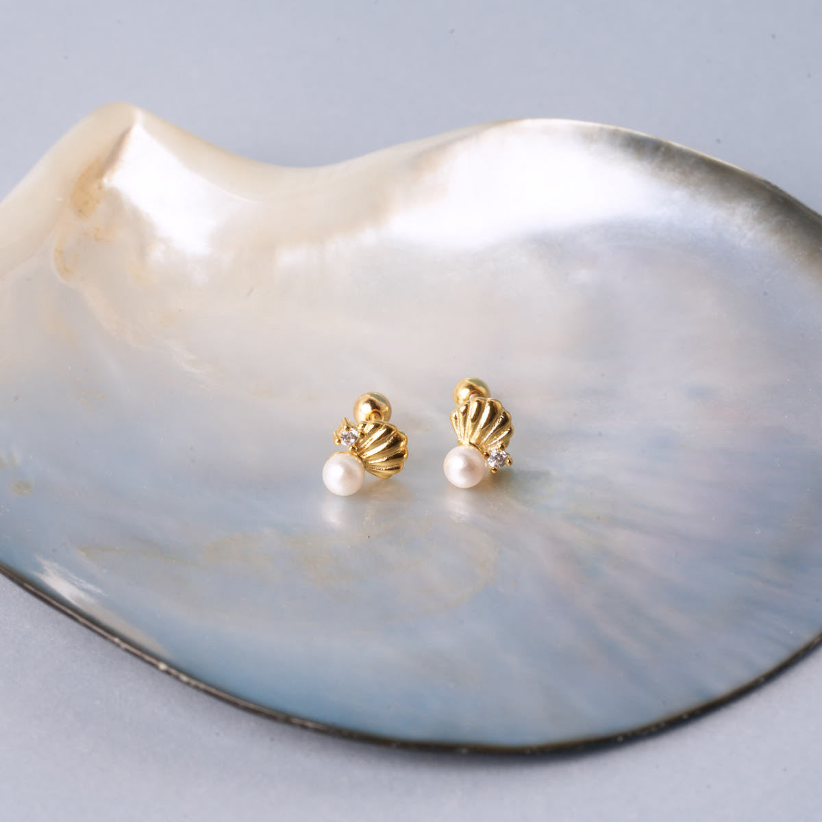 Tiny Shell & Pearl Barbell Studs In Gold | LÉA Jewels