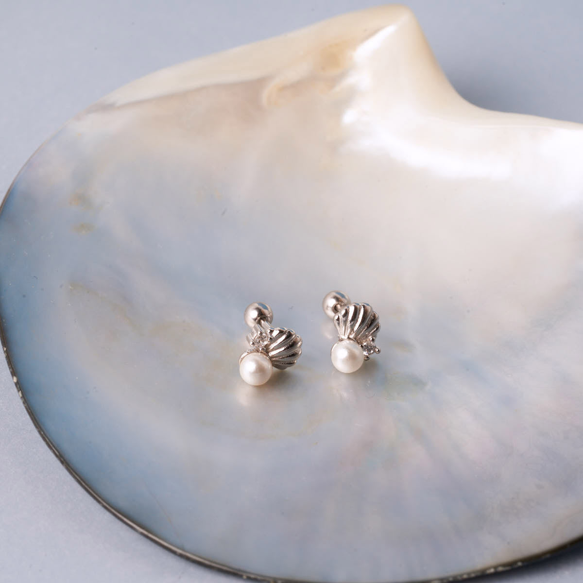 Tiny Shell & Pearl Barbell Studs In Silver | LÉA Jewels