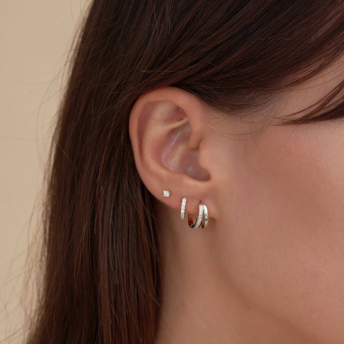 Crystal Double Hoop Huggies In Silver - LÉA