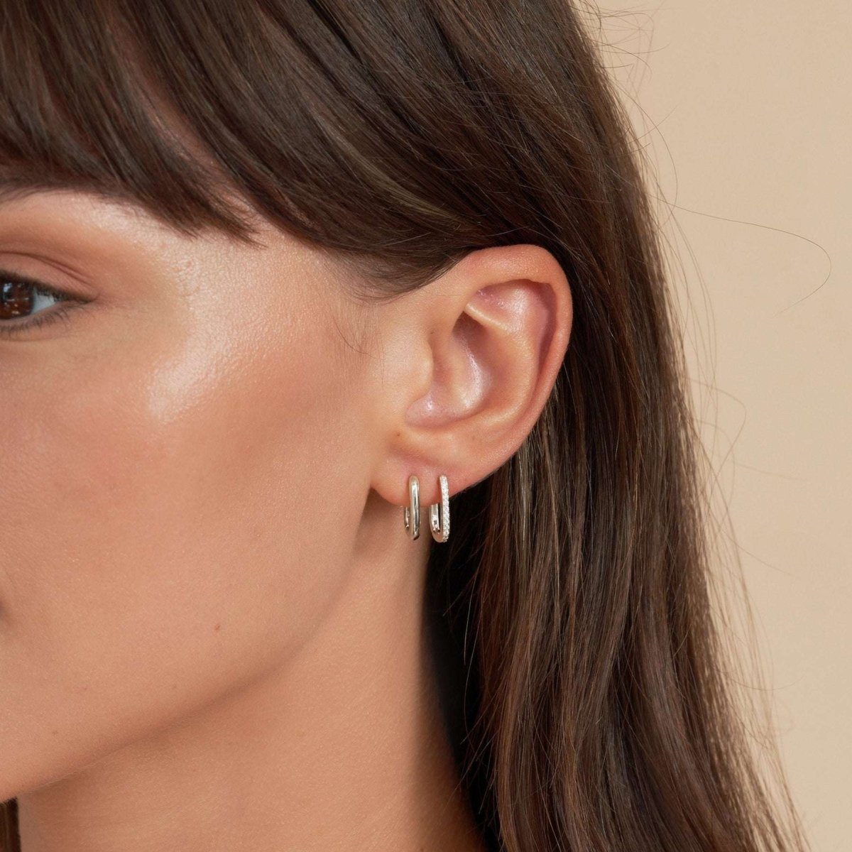 Crystal Paved Rectangle Huggies in Silver - LÉA