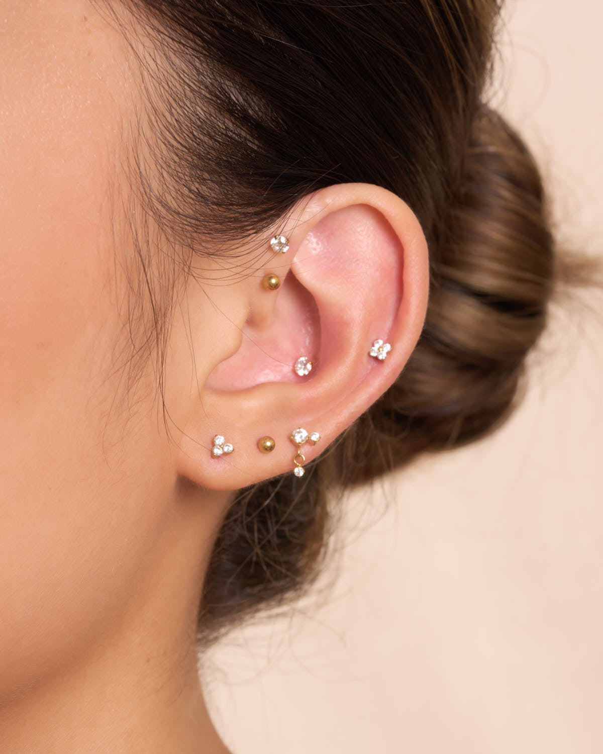Triple CZ Titanium Flat Back Studs In Gold