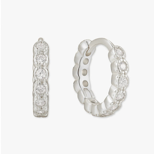 Silver hoop earrings with small diamonds on a white background