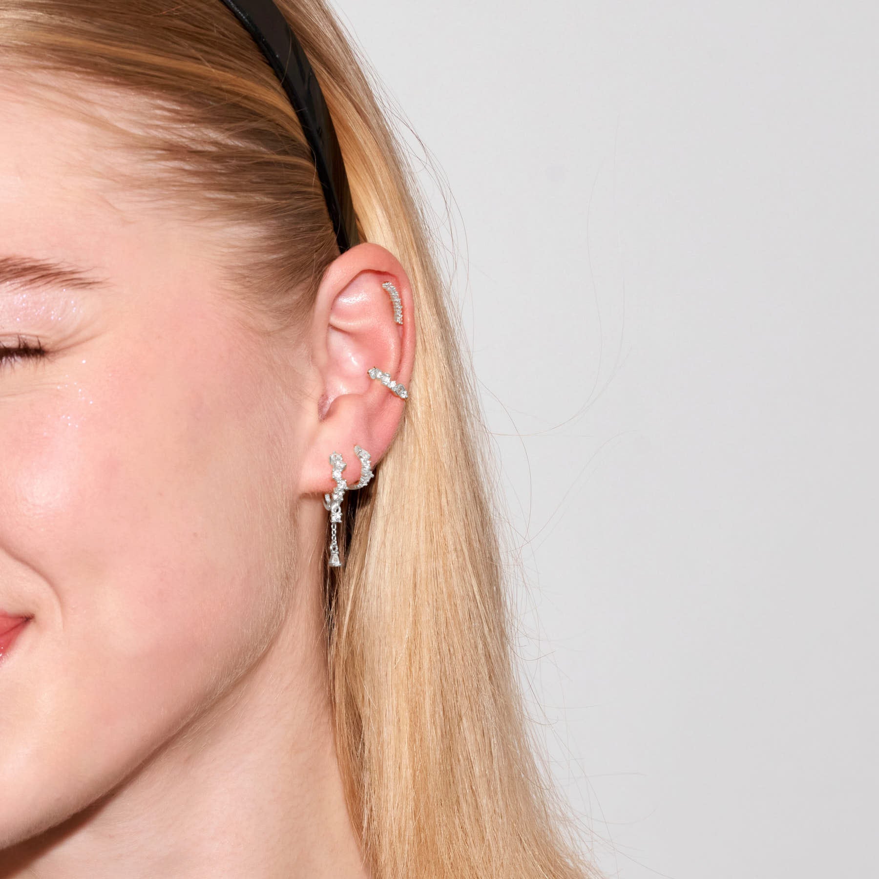 Cascading Crystal Dangle Huggie In Silver-0