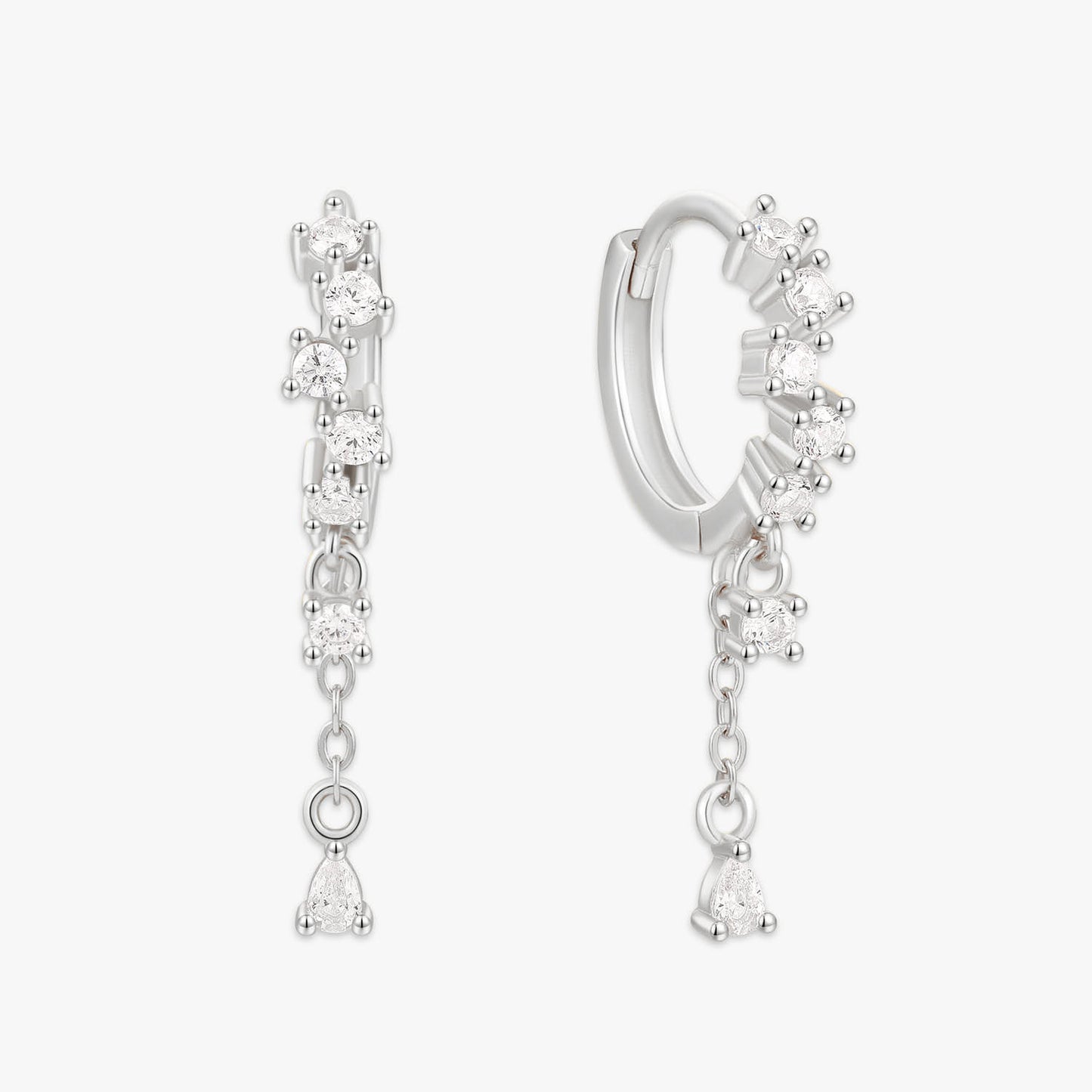 Silver hoop earrings with dangling gemstones on a white background