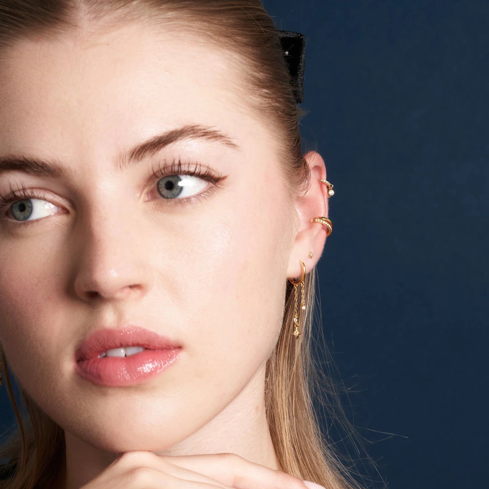 Cosmic Drop Chain Huggie Earrings In Gold