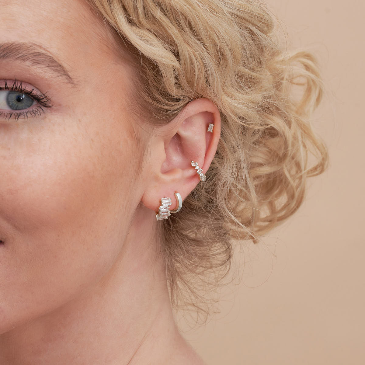 Crystal Baguette Cartilage Studs in Silver