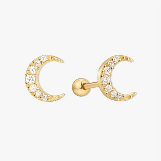 Gold moon-shaped earrings with diamond accents on a white background