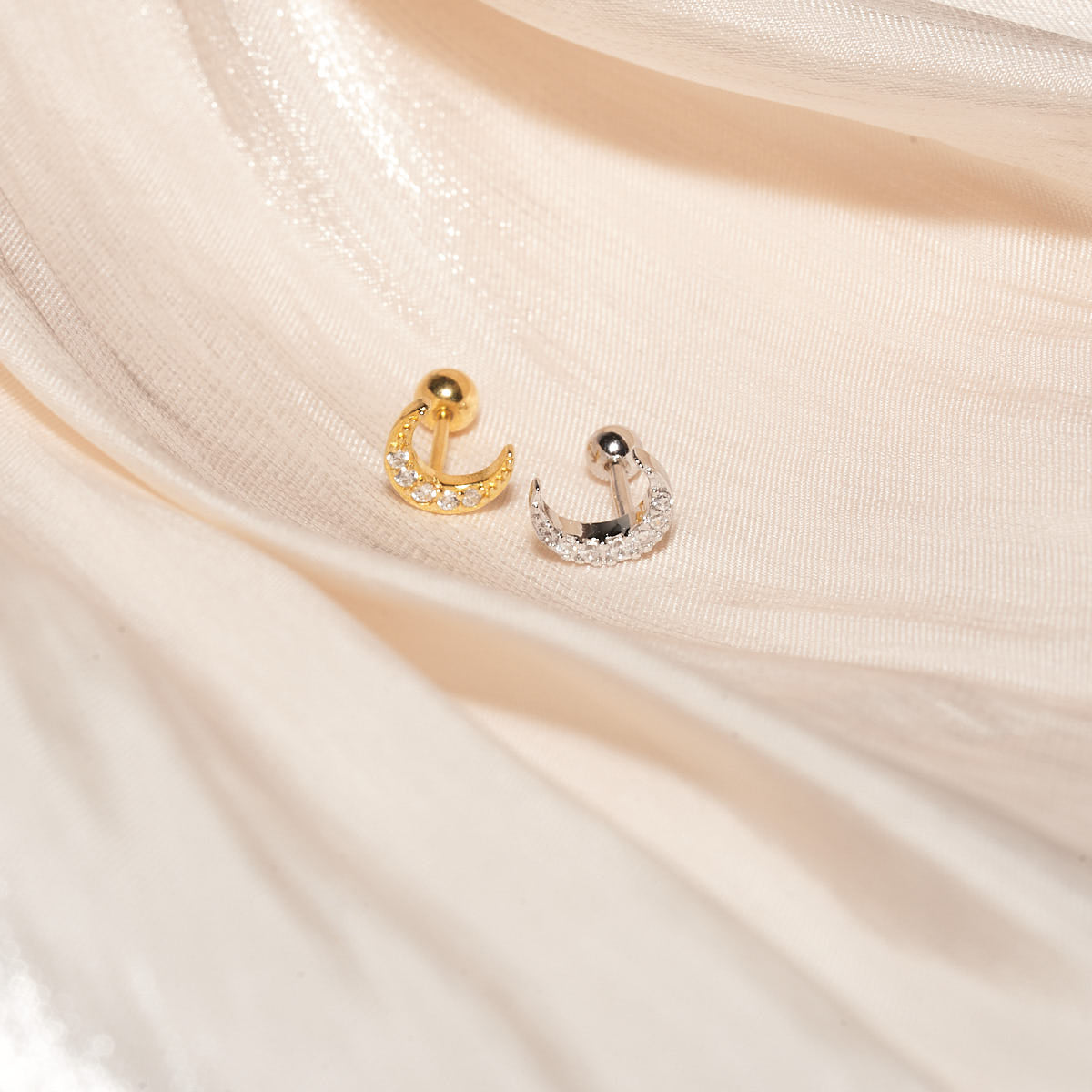 Crystal Moon Barbell Studs in Silver