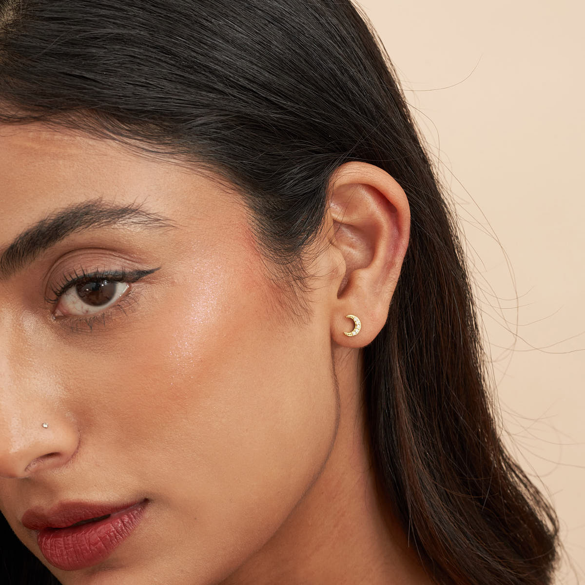 Crystal Moon Barbell Studs in Gold