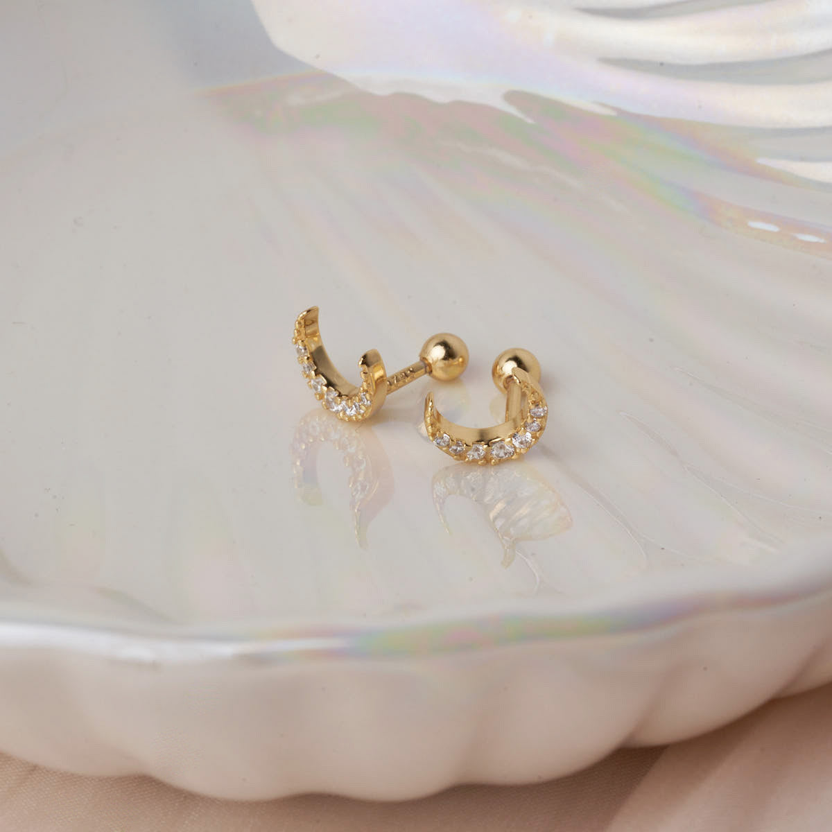Crystal Moon Barbell Studs in Gold