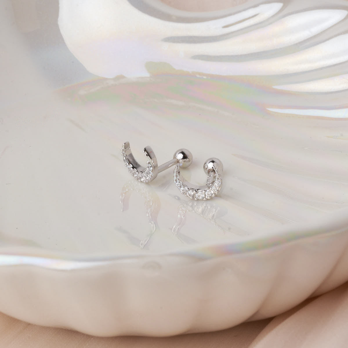 Crystal Moon Barbell Studs in Silver