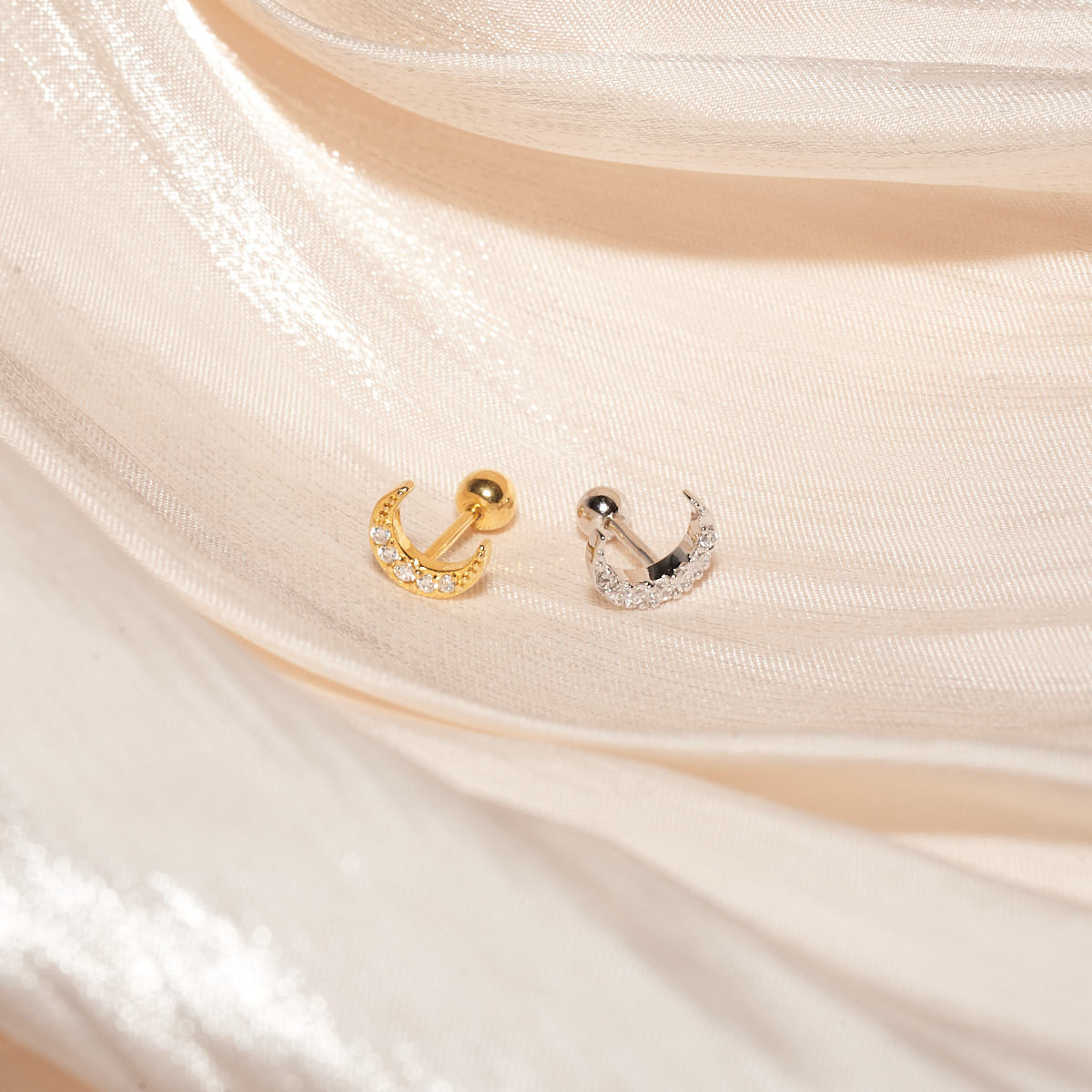 Crystal Moon Barbell Studs in Silver