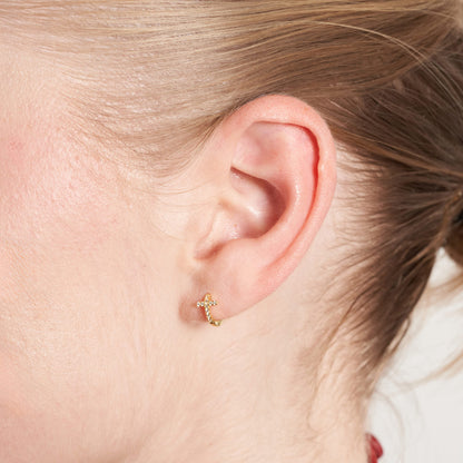 Crystal Paved Cross Huggie Hoops In Gold