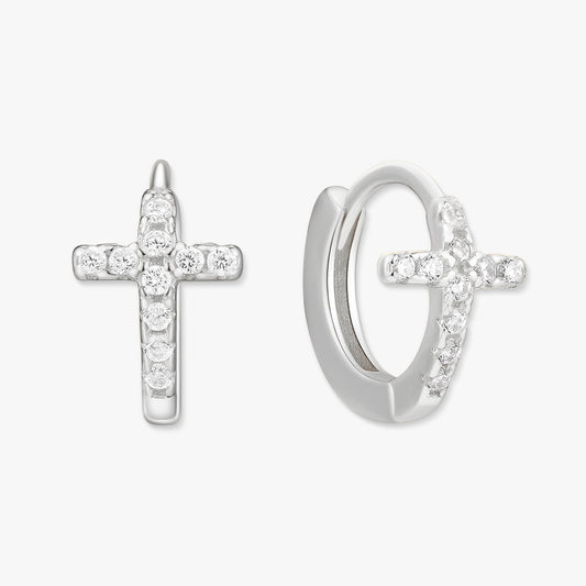 Silver cross-shaped earrings on a white background