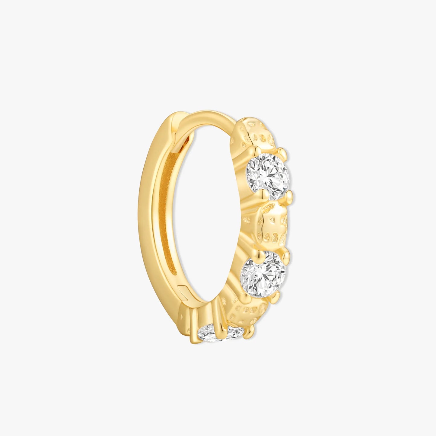 Gold hoop earring with embedded diamonds on a white background