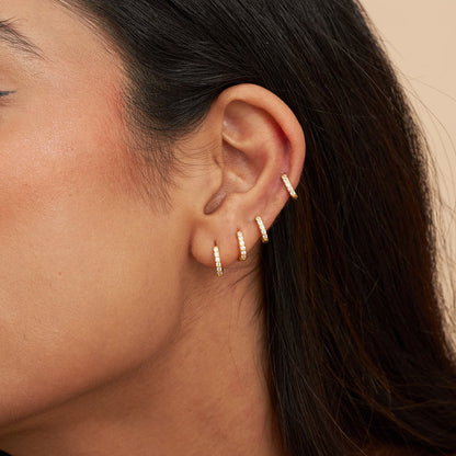 Close-up of an ear with multiple gold hoop earrings on a neutral background
