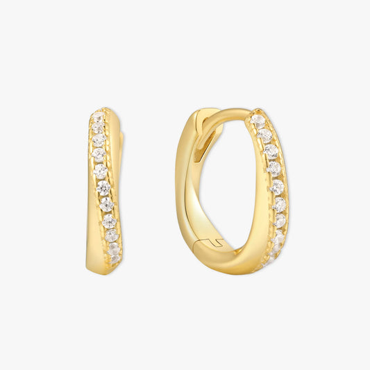 Gold hoop earrings with small diamonds on a white background