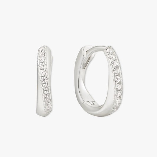 Silver hoop earrings with embedded stones on a white background