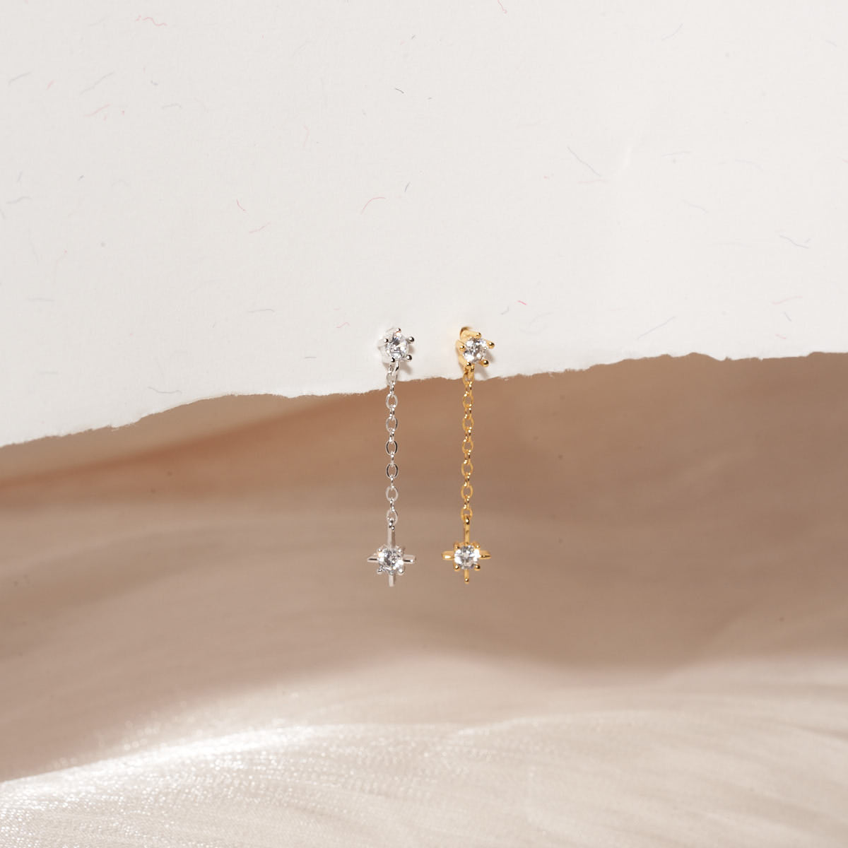 Crystal Star Chain Dangle Earrings in Silver