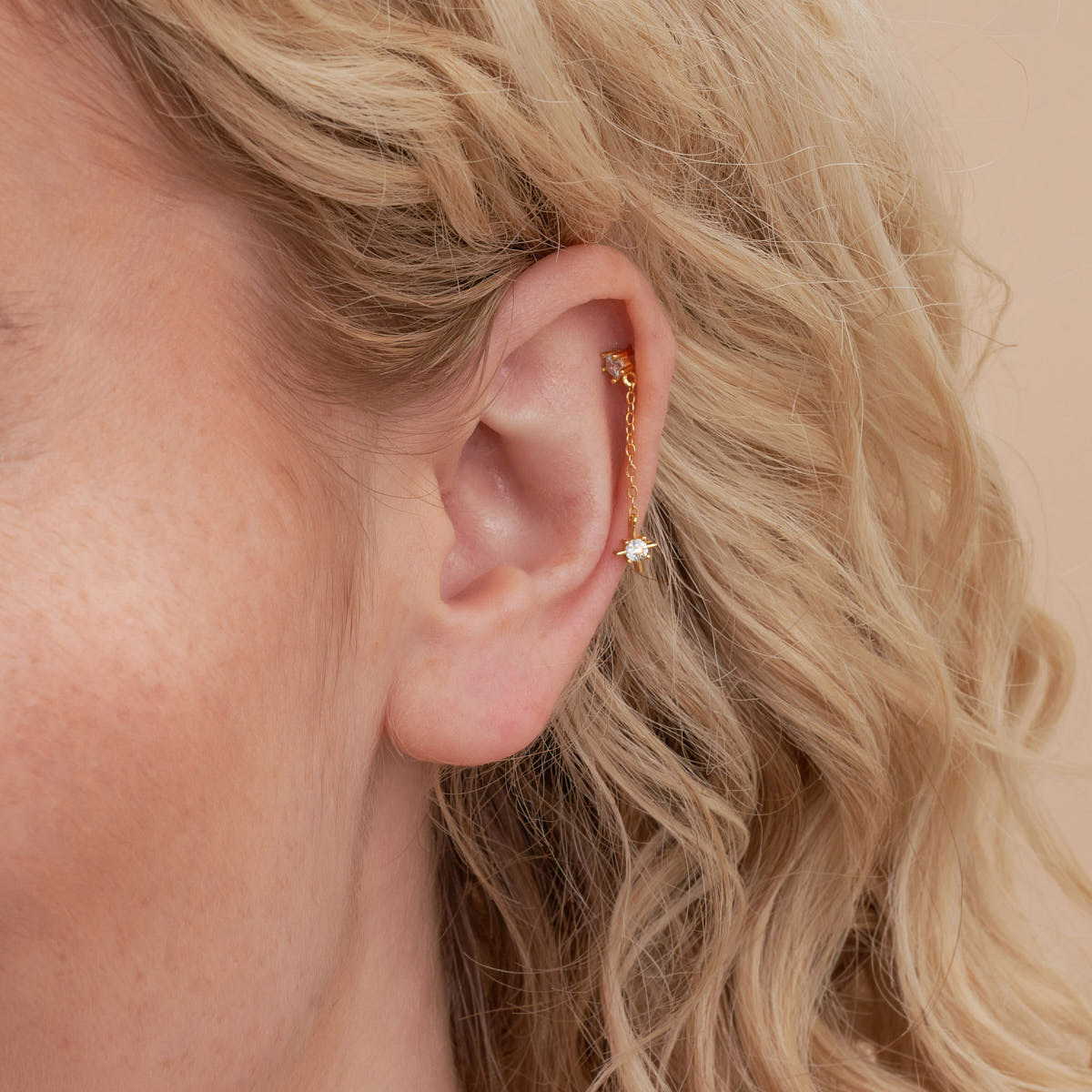 Crystal Star Chain Dangle Earrings in Gold