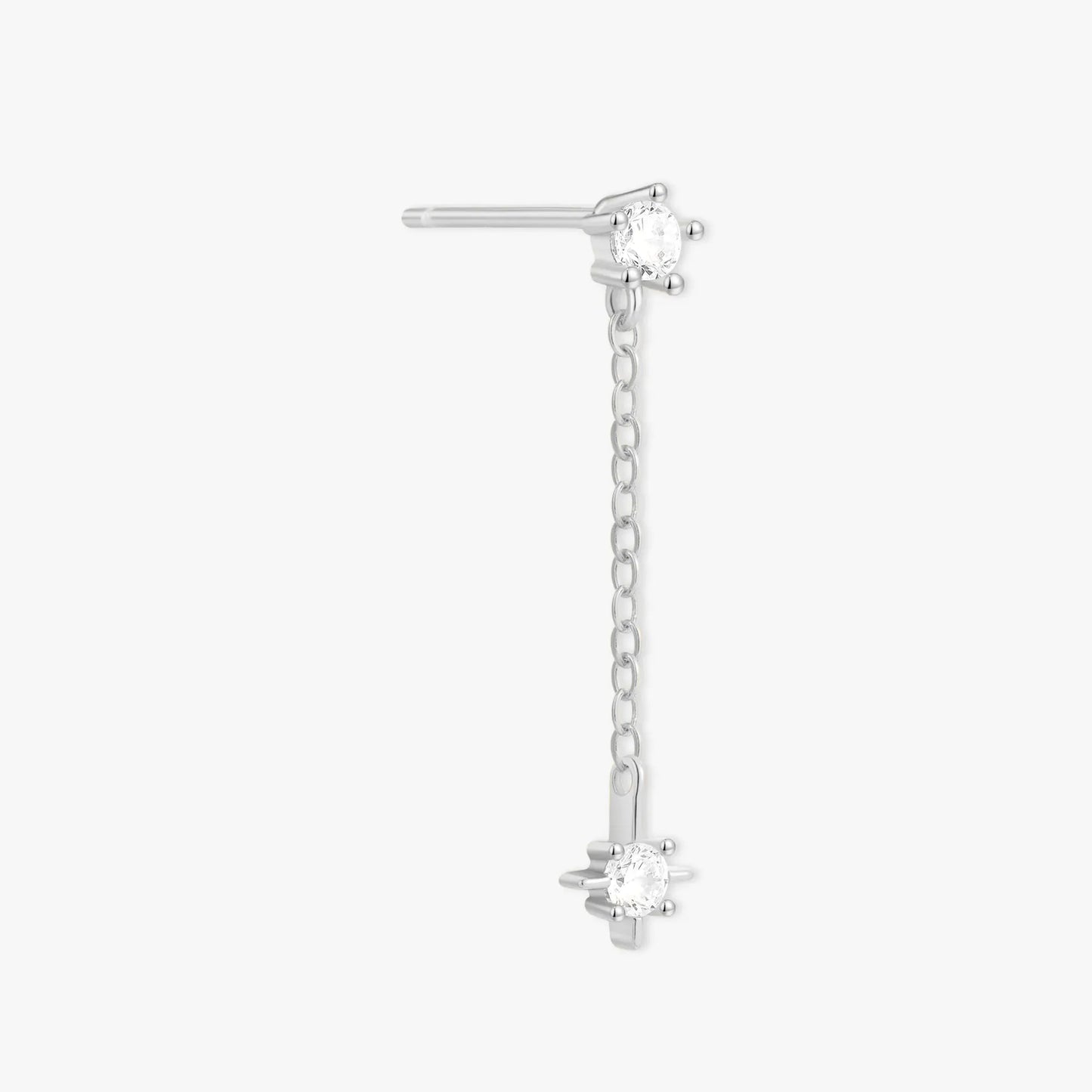 Silver earring with a chain and star-shaped design on a white background