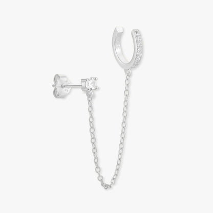 Silver hoop earring with chain detail on a white background