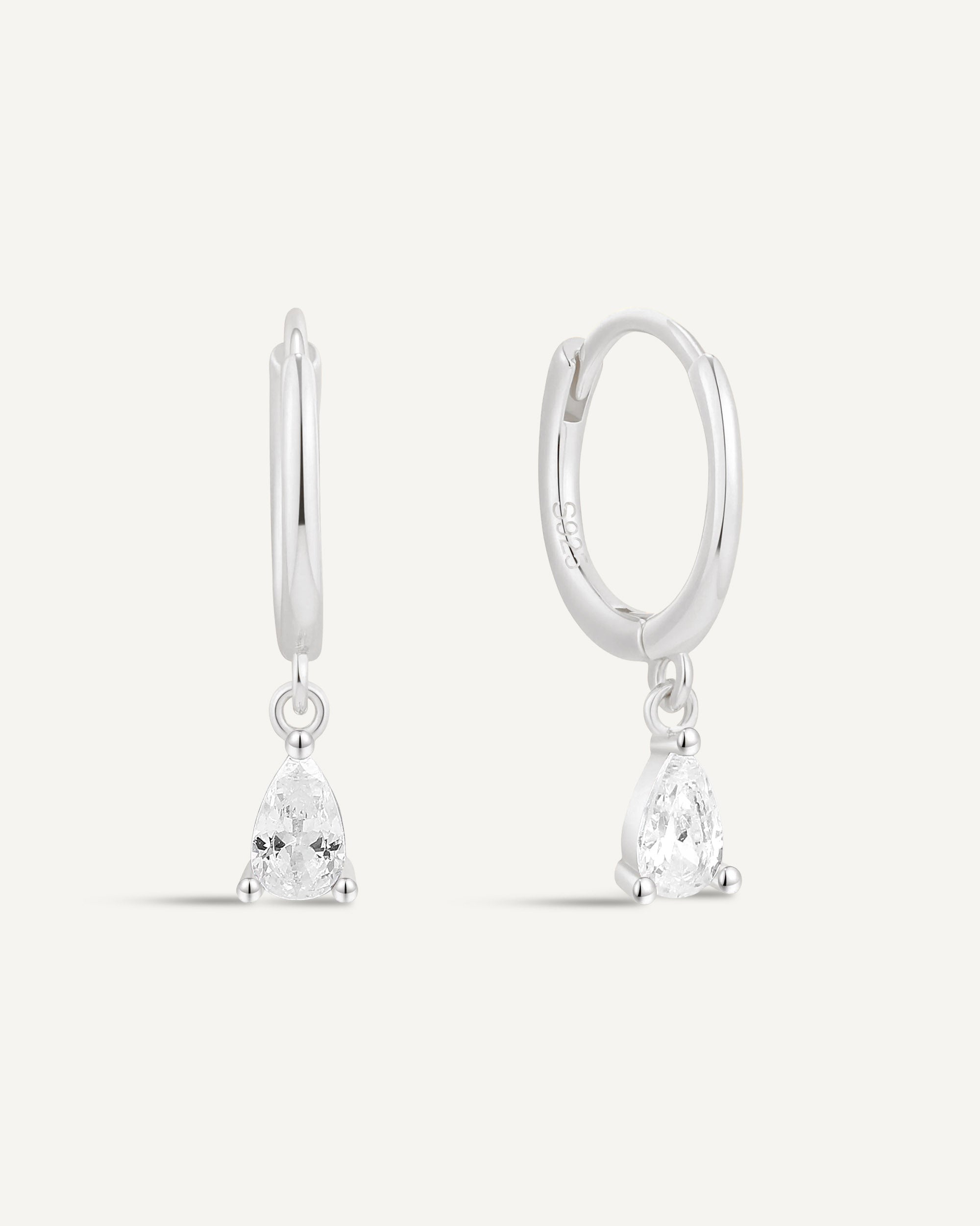 Crystal Teardrop Dangle Hoops in Silver