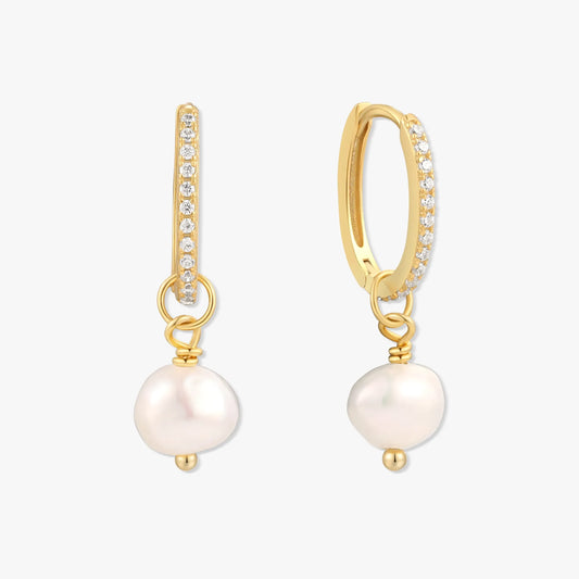 Pearl Dangle Crystal Hoops in Gold