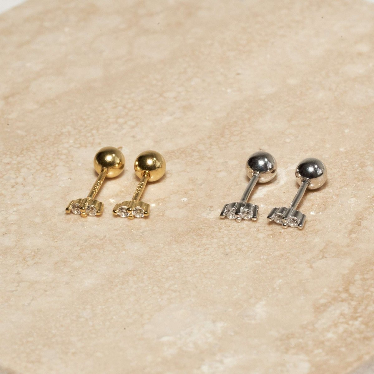 Duo Crystal Barbell Studs In Silver - LÉA