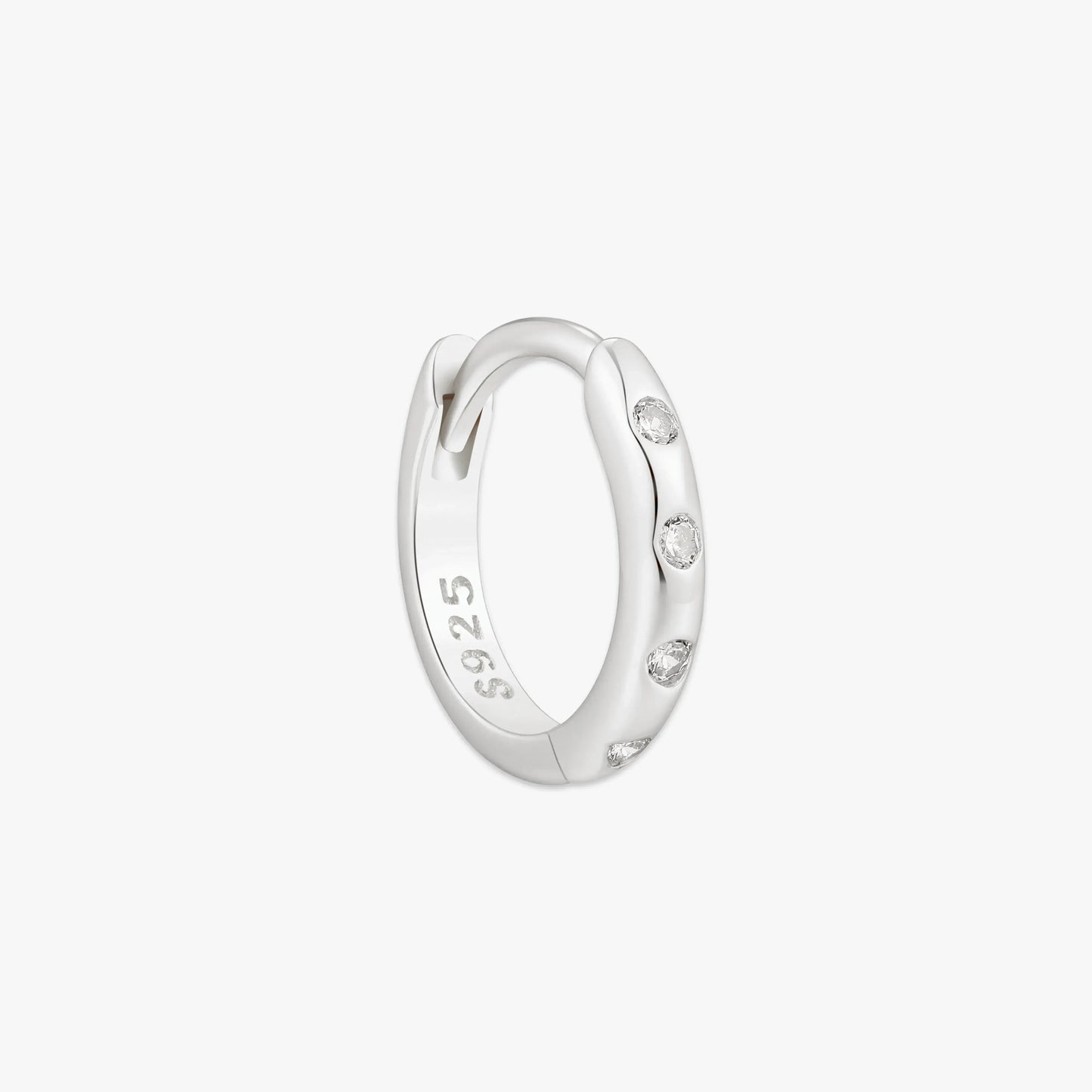Silver hoop earring with '925' stamp on a light gray background