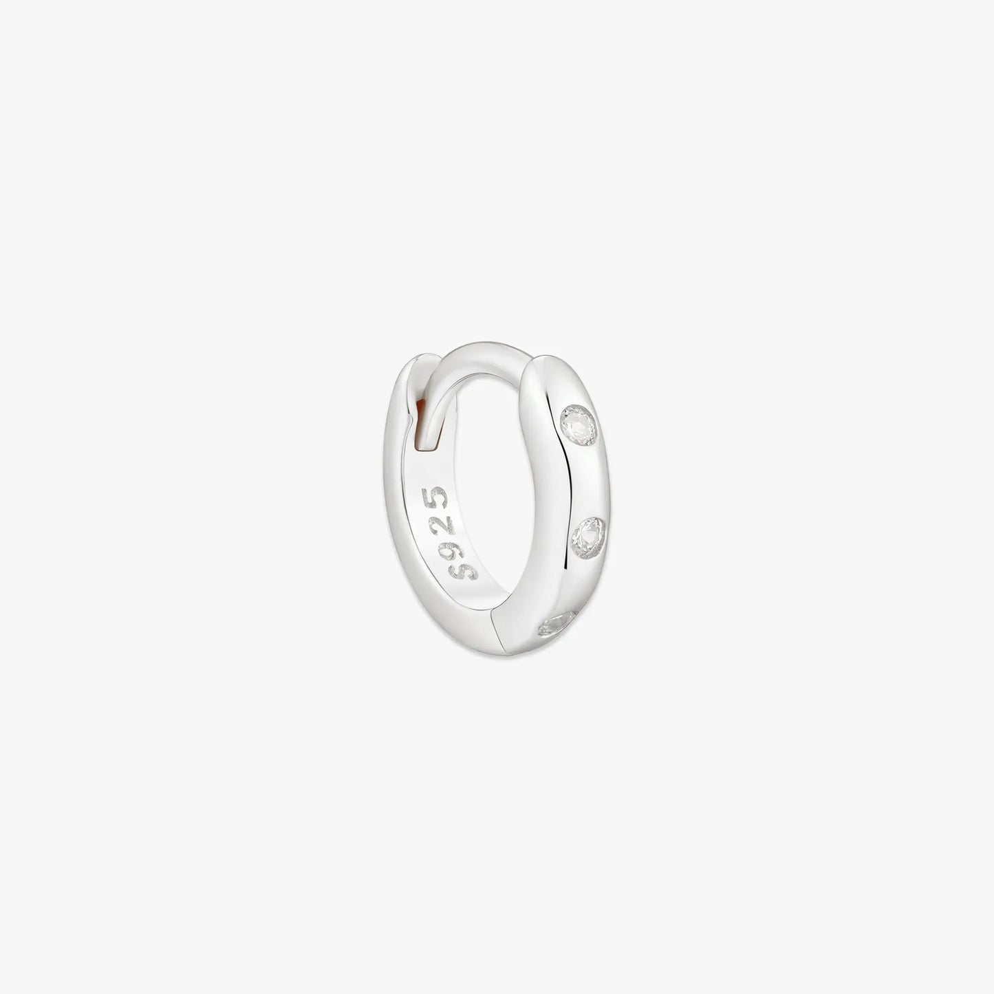 Silver hoop earring with '925' stamp on a white background