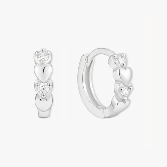 CZ Heart Huggie Hoops In Silver